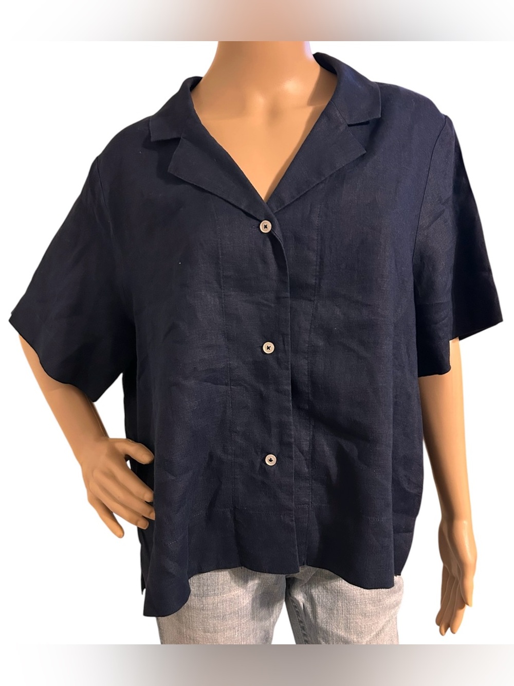 Quince 100% European Linen Short Sleeve Shirt Navy Women XL Casual Lux Beach - Picture 2 of 10